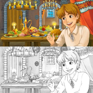 Yemek cadı boyama sayfası kroki dolu tablo tarafından prens ile Karikatür peri masalı sahnesi - çocuklar için illüstrasyon