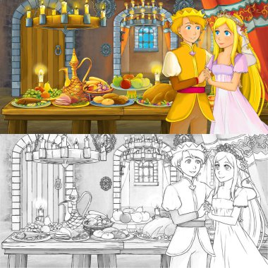 Boyama sayfası kroki ile gıda dolu tablo tarafından prens ve prenses evli çift ile Karikatür peri masalı sahnesi - çocuklar için illüstrasyon