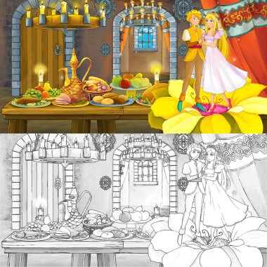 Boyama sayfası kroki ile gıda dolu tablo tarafından prens ve prenses evli çift ile Karikatür peri masalı sahnesi - çocuklar için illüstrasyon
