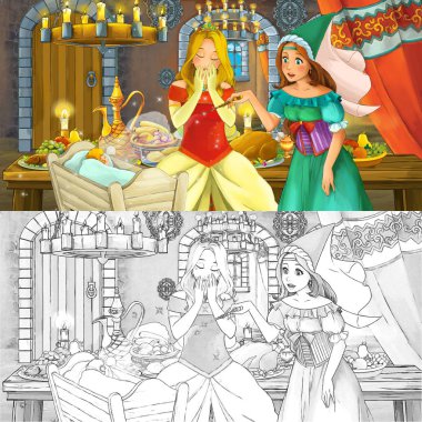 Boyama sayfası kroki ile gıda dolu tablo tarafından prenses ile Karikatür masal sahnesi - çocuklar için illüstrasyon