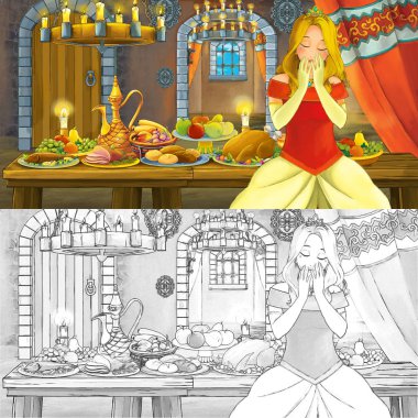 Boyama sayfası kroki ile gıda dolu tablo tarafından prenses ile Karikatür masal sahnesi - çocuklar için illüstrasyon