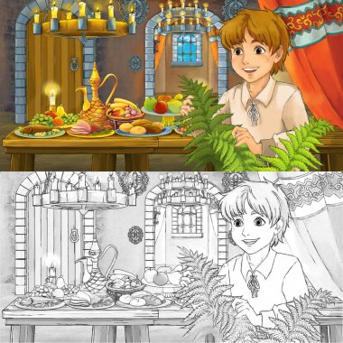 Yemek cadı boyama sayfası kroki dolu tablo tarafından prens ile Karikatür peri masalı sahnesi - çocuklar için illüstrasyon