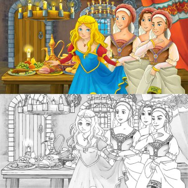 Yemek dolu masada prenses ile karikatür peri masalı sahnesi
