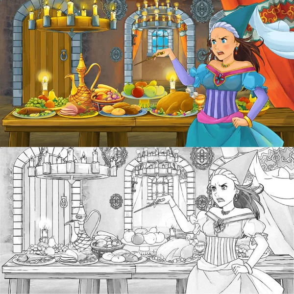 Cena de conto de fadas dos desenhos animados com princesa feiticeira à mesa cheia de comida com esboço de página de coloração - ilustração para crianças — Fotografia de Stock