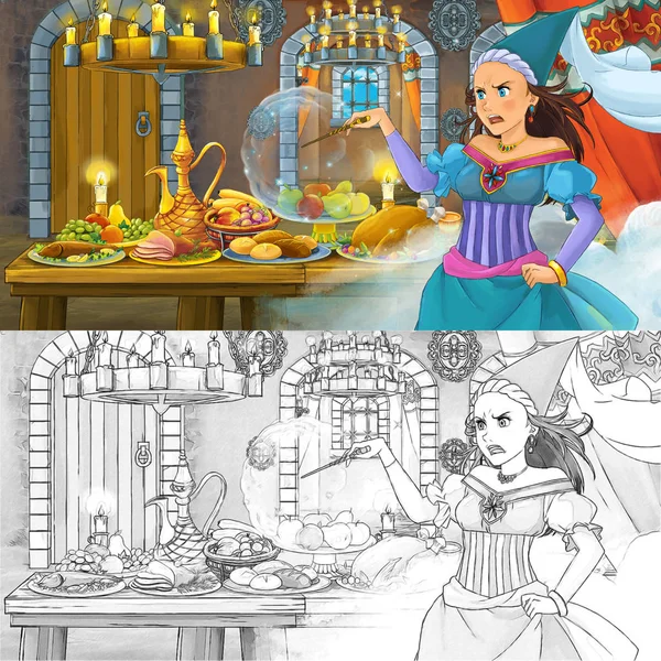 Cartoon fairy tale scene with princess sorceress by the table full of food with coloring page sketch - illustration for children