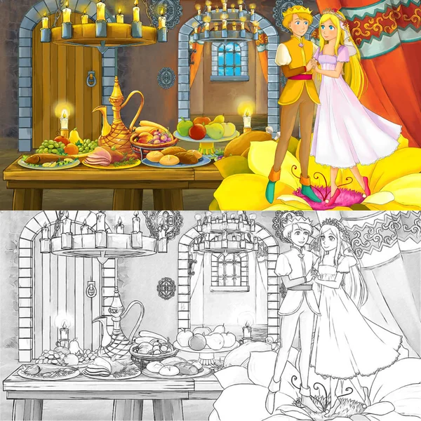 Cartone animato scena fiaba con principe e principessa coppia sposata al tavolo pieno di cibo con disegno pagina da colorare - illustrazione per bambini — Foto Stock