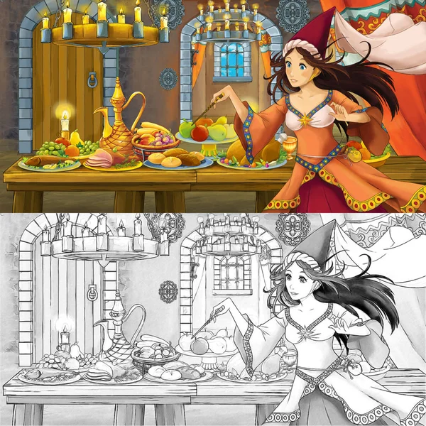 Cartoon bajki sceny z księżniczką Czarodziejka przy stole pełnym żywności z kolorowania szkic strony-ilustracja dla dzieci — Zdjęcie stockowe
