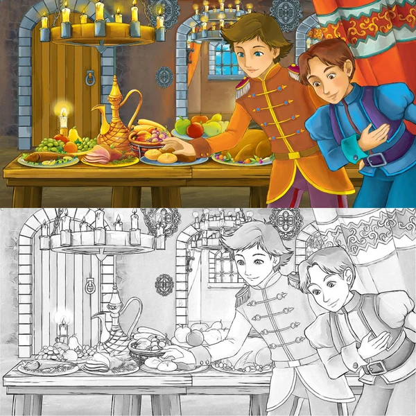 Dibujos animados escena de cuento de hadas con el príncipe por la mesa llena de comida bruja para colorear dibujo de la página - ilustración para los niños — Foto de Stock