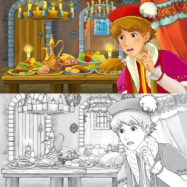 Cartoon-Märchenszene mit Prinz am Tisch voller Essen Hexe Malvorlage Skizze - Illustration für Kinder — Stockfoto