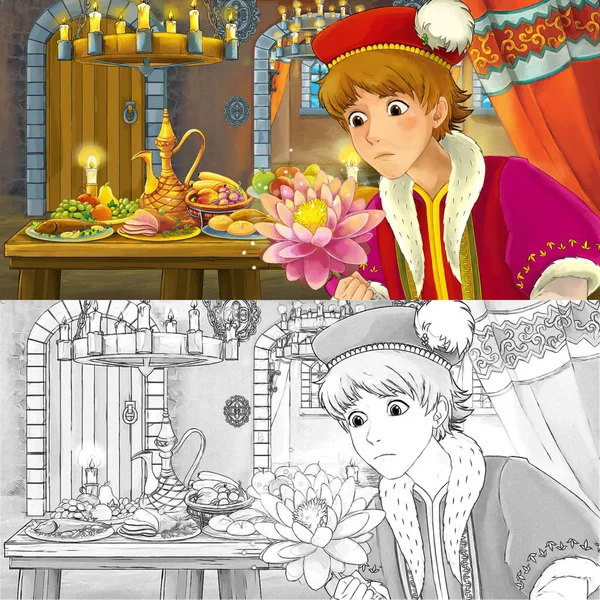 Cartoon fairy tale scene with prince by the table full of food witch coloring page sketch - illustration for children