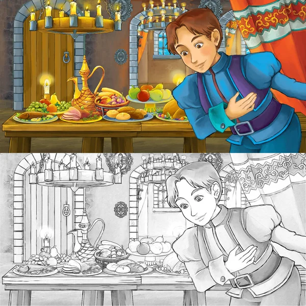 Мультфильм-сказка "Сцена с принцем за столом, набитым едой" - иллюстрация для детей — стоковое фото