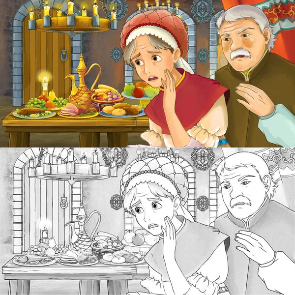 Cena de conto de fadas dos desenhos animados com mulher de meia idade à mesa cheia de comida com esboço de página de coloração - ilustração para crianças — Fotografia de Stock