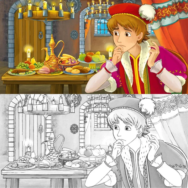 卡通童话场景与王子的桌子充满了食物巫婆着色页素描 - 插图为儿童 — 图库照片