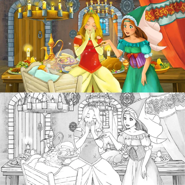 Boyama sayfası kroki ile gıda dolu tablo tarafından prenses ile Karikatür masal sahnesi - çocuklar için illüstrasyon