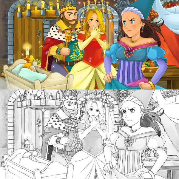 Kreslená scéna pohádkové pohádky s princeznou čarodějnicí u stolu Fu — Stock fotografie