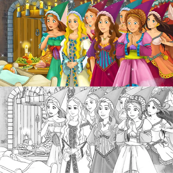 Cartoon sprookje scène met prinses tovenares door de tabel Fu — Stockfoto