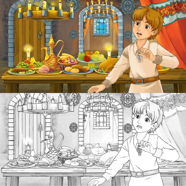 Dessin animé scène de conte de fées avec prince à la table pleine de nourriture coloriage de sorcière esquisse - illustration pour les enfants — Photo