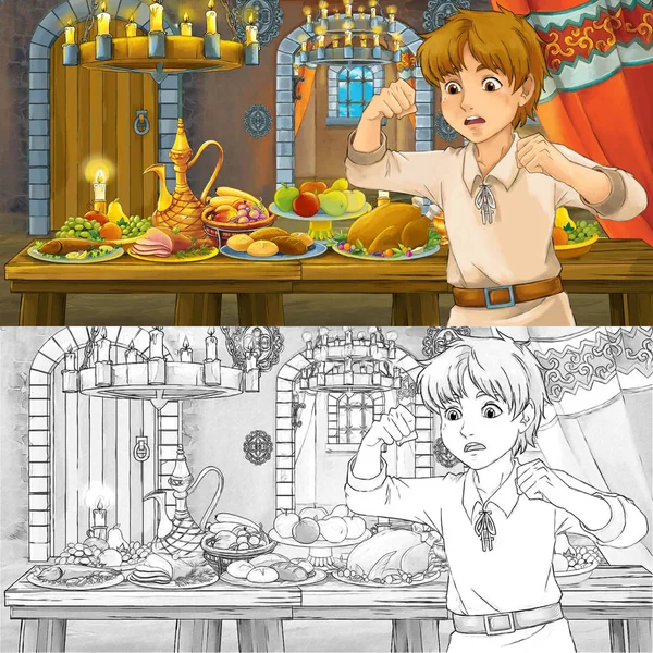 Desenhos animados cena conto de fadas com príncipe à mesa cheia de comida bruxa colorir página esboço - ilustração para crianças — Fotografia de Stock