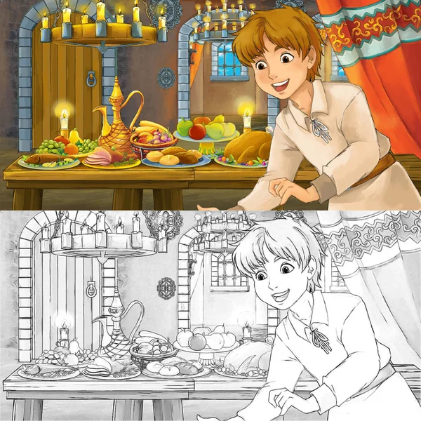 Scénka s knížetem s princem ze stolu plném potravinové barvy-ilustrace pro děti — Stock fotografie