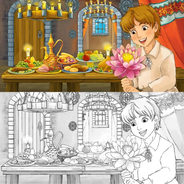 Cartoni animati scena fiaba con il principe dalla tavola piena di cibo strega disegno pagina da colorare - illustrazione per bambini — Foto Stock