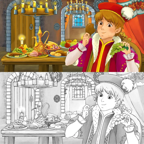 Мультфильм-сказка "Сцена с принцем за столом, набитым едой" - иллюстрация для детей — стоковое фото