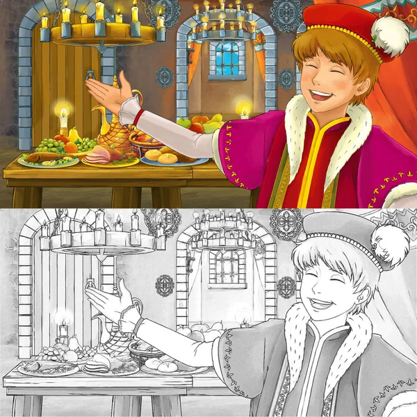Cartoon fairy tale scene with prince by the table full of food witch coloring page sketch - illustration for children
