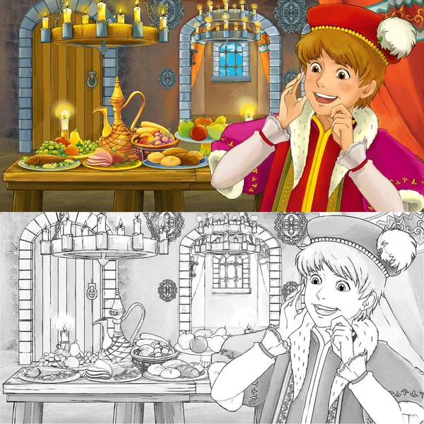 Cartoon-Märchenszene mit Prinz am Tisch voller Essen Hexe Malvorlage Skizze - Illustration für Kinder — Stockfoto