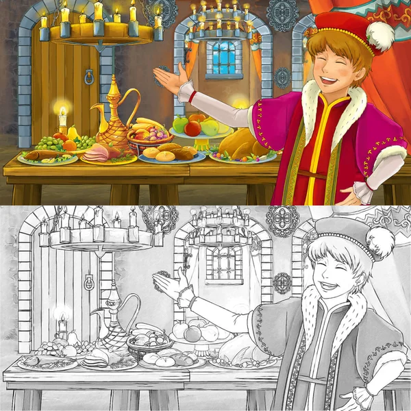 Dibujos animados escena de cuento de hadas con el príncipe por la mesa llena de comida bruja para colorear dibujo de la página - ilustración para los niños — Foto de Stock