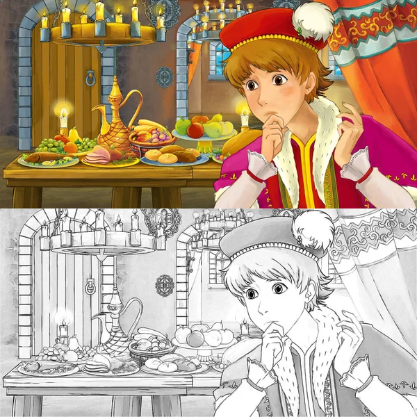 Cartoon bajki sceny z księciem przy stole pełnym żywności czarownica Kolorowanki Strona-ilustracja dla dzieci — Zdjęcie stockowe