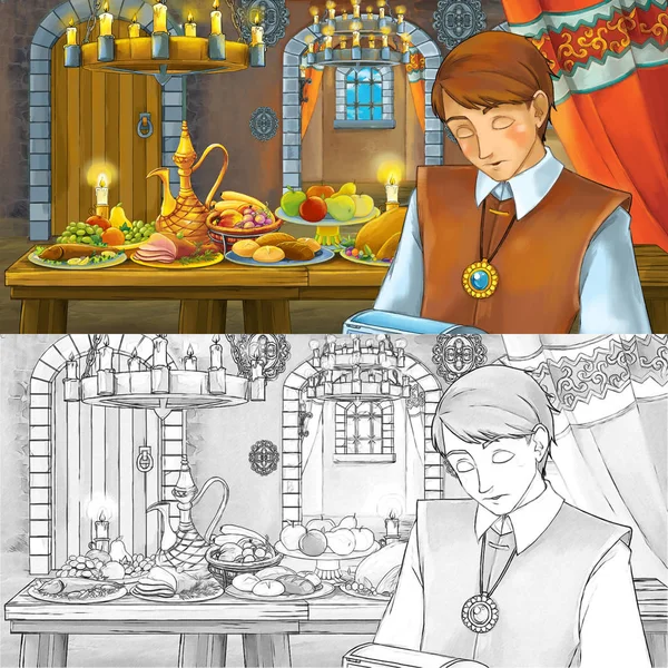 Dibujos animados escena de cuento de hadas con el príncipe por la mesa llena de comida bruja para colorear dibujo de la página - ilustración para los niños — Foto de Stock