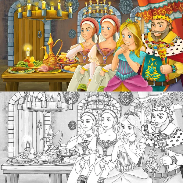 Cartoni animati scena fiaba con la principessa al tavolo pieno di cibo - illustrazione per bambini — Foto Stock