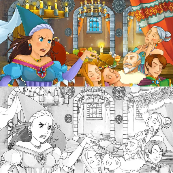 Мультфильм сказка сцена с принцессой колдуньей за столом фу — стоковое фото