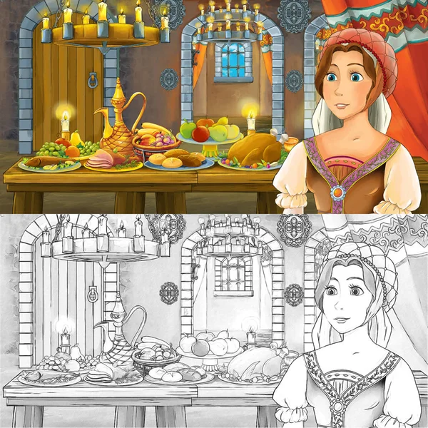 Dessin animé scène de conte de fées avec princesse à la table pleine de nourriture avec croquis page à colorier illustration pour les enfants — Photo