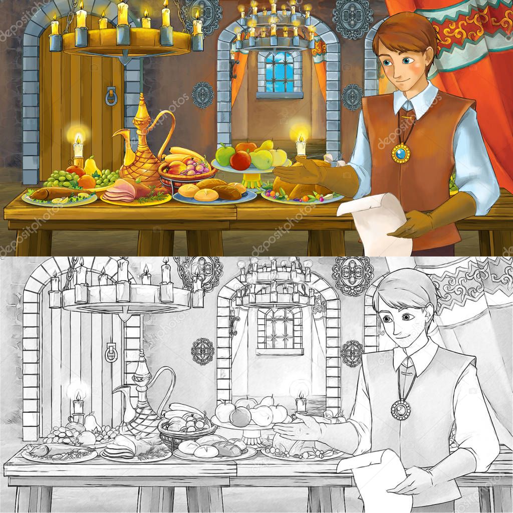 Cartoon fairy tale scene with prince by the table full of food witch coloring page sketch - illustration for children