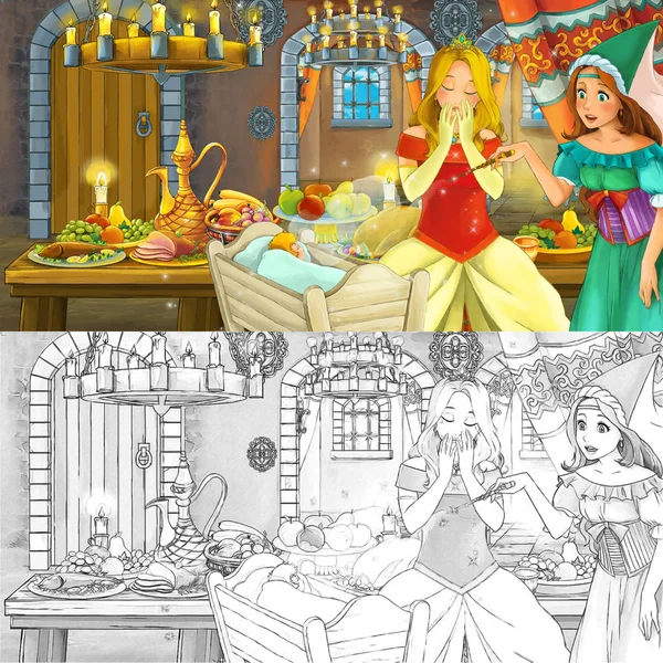 着色ページスケッチで食べ物の完全なテーブルで王女と漫画のおとぎ話のシーン - 子供のためのイラスト — ストック写真