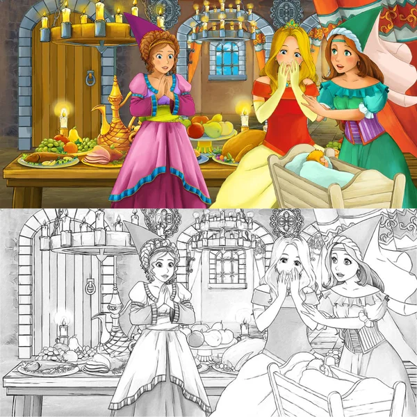 Cartoon fairy tale scene with princess by the table full of food with coloring page sketch - illustration for children — Stock Photo, Image