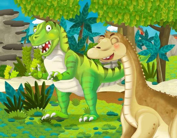 Cartoon Scène Met Dinosaurus Apatosaurus Diplodocus Brontosaurus Met Een Andere — Stockfoto