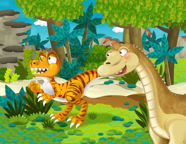 Cartoon Scene Dinosaur Apatosaurus Diplodocus Brontosaurus Some Other Dinosaur Jungle — Stock Photo, Image