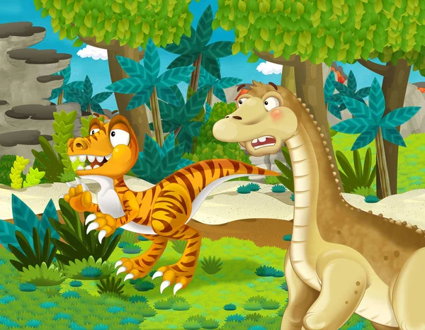 Tecknad Scen Med Dinosaurie Apatosaurus Diplodocus Brontosaurus Med Någon Annan — Stockfoto