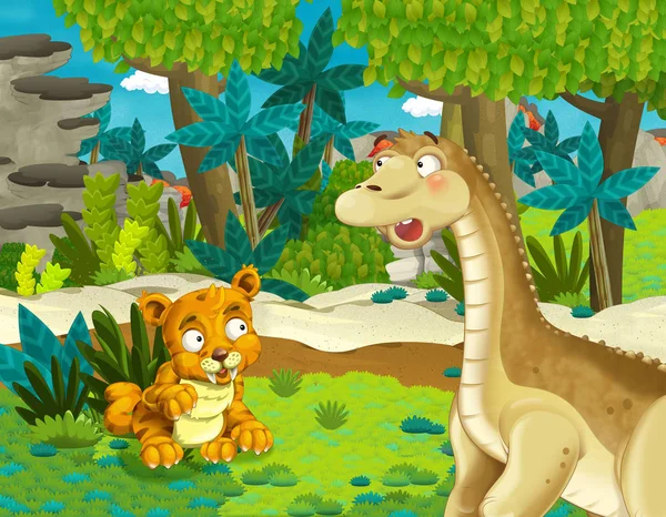 Cartoon Scene Dinosaur Apatosaurus Diplodocus Brontosaurus Some Other Animal Tiger — Stock Photo, Image