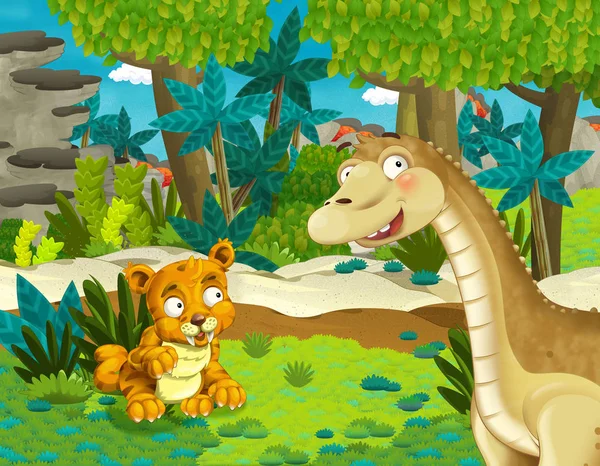 卡通场景与恐龙的龙双龙与一些其他动物老虎剑齿在丛林 插图为儿童 — 图库照片
