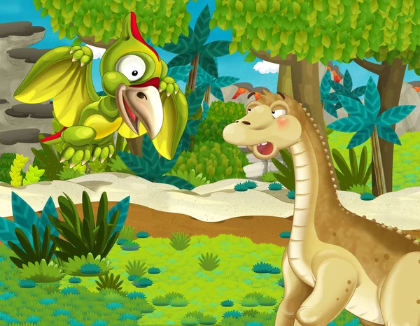 정글에서 공룡과 아파토사우루스 디플로도쿠스 브론토사우루스와 어린이를위한 — 스톡 사진