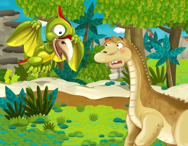 Cena Dos Desenhos Animados Com Dinossauro Apatosaurus Diplodocus Brontosaurus Com — Fotografia de Stock