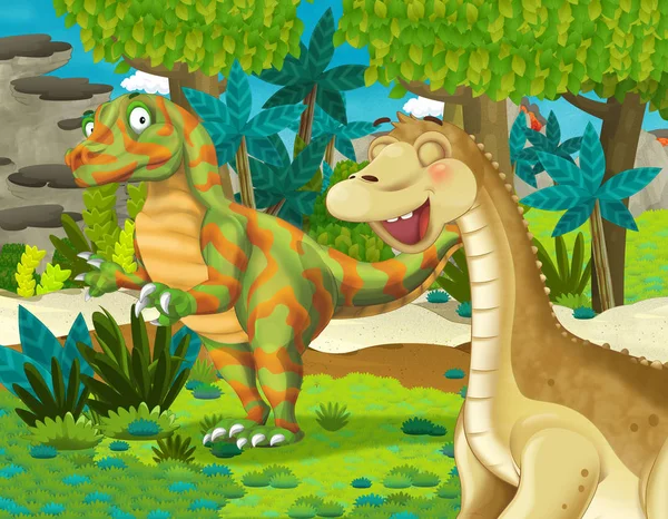 Tecknad Scen Med Dinosaurie Apatosaurus Diplodocus Brontosaurus Med Någon Annan — Stockfoto