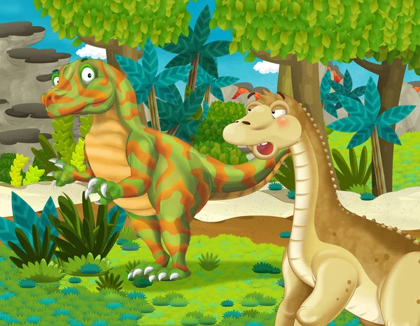 Tecknad Scen Med Dinosaurie Apatosaurus Diplodocus Brontosaurus Med Någon Annan — Stockfoto