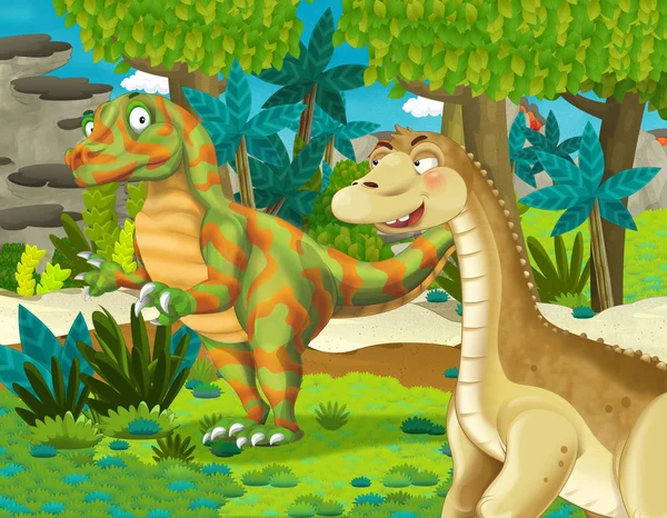 Scena Kreskówki Dinozaurem Apatozaurem Diplodok Brontosaurus Jakimś Innym Dinozaurem Dżungli — Zdjęcie stockowe