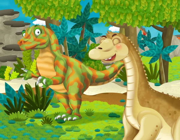 cartoon scene with dinosaur apatosaurus diplodocus brontosaurus with some other dinosaur in the jungle - illustration for children