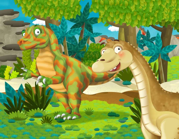 Kreslená Scéna Dinosaurem Apatosaurus Diplodoka Brontosaurus Nějakým Jiným Dinosaurem Džungli — Stock fotografie