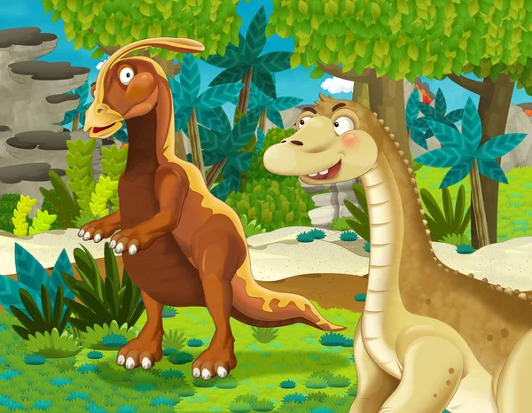 Tecknad Scen Med Dinosaurie Apatosaurus Diplodocus Brontosaurus Med Någon Annan — Stockfoto