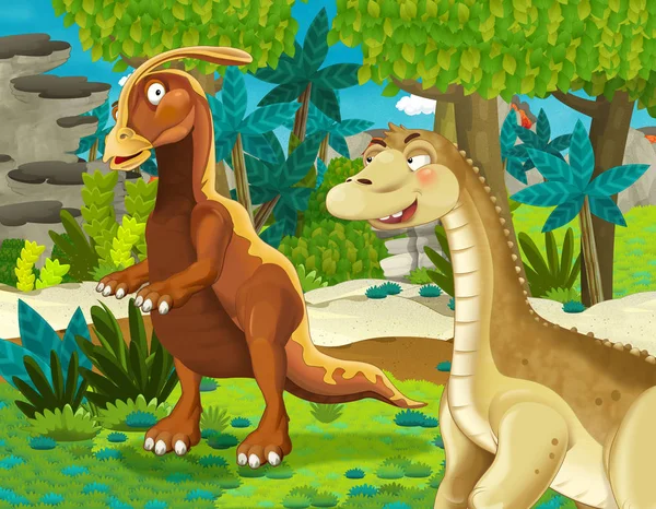 Tecknad Scen Med Dinosaurie Apatosaurus Diplodocus Brontosaurus Med Någon Annan — Stockfoto